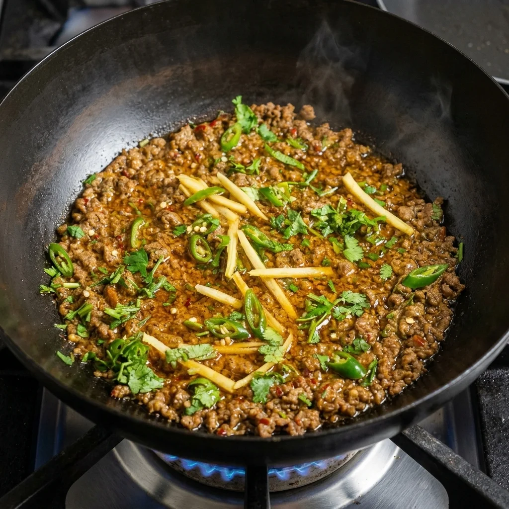 Beef Tawa Qeema — spiced minced beef cooked on an iron tawa at Chenab Halal Pakistani Restaurant Edmonton