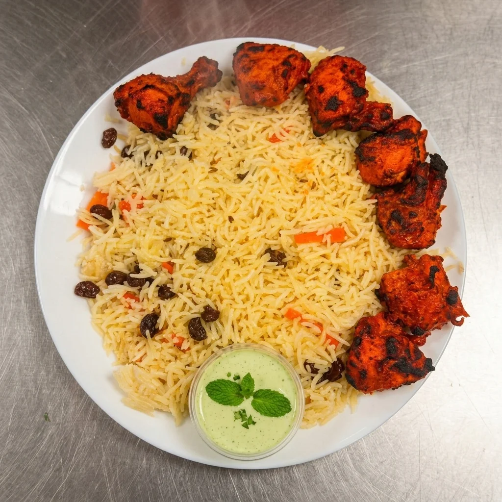 Kabuli Rice with Chicken Tikka — aromatic pulao and tandoor-grilled chicken at Chenab Edmonton