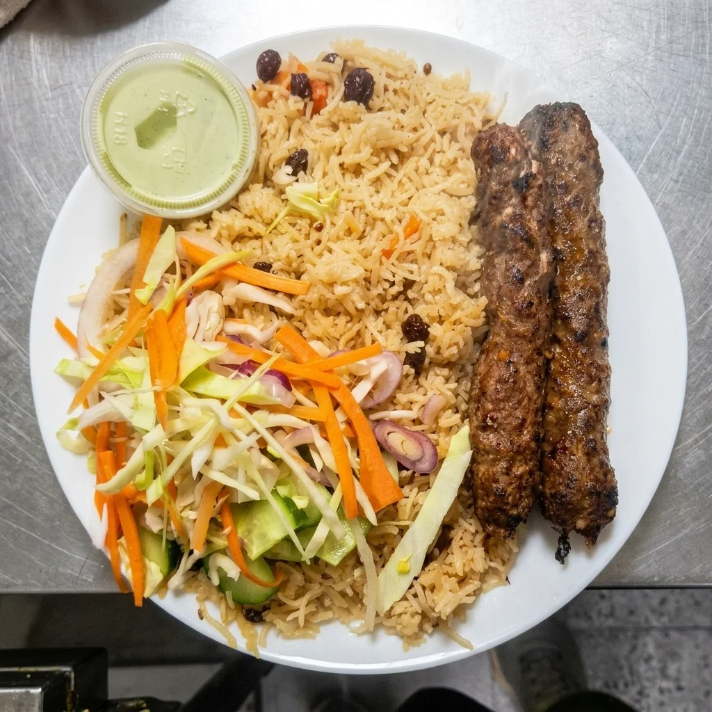 Kabuli Rice with Seekh Kebab — aromatic rice and minced meat kebab at Chenab Edmonton